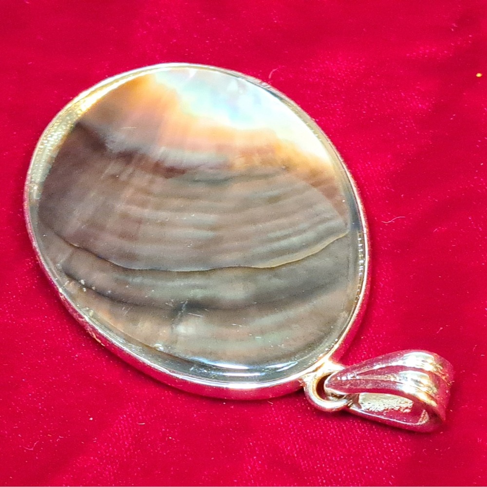 Oval Mother of Pearl Shell Double Sided Reversible Pendant Silver Tone Boho